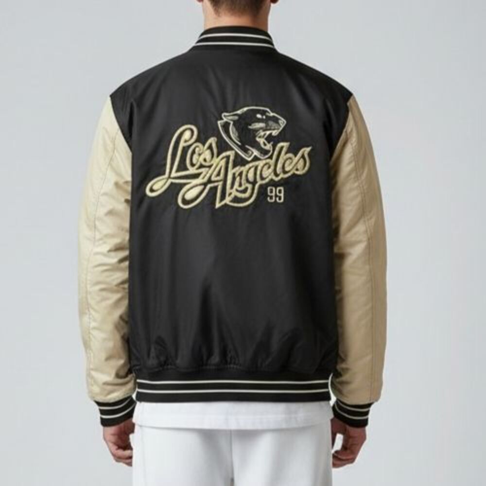 Hollister Varsity Bomber Jacket Men Size Small Black Cream Los Angeles Panther